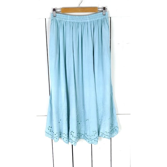 Vintage light blue eyelet lace stretch waist midi skirt - Picture 4 of 4